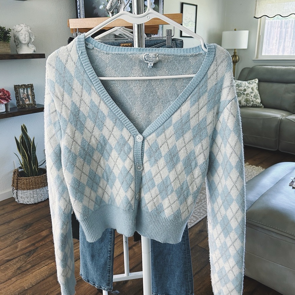 Blue Rain V-Neck Sweater in Blue and White